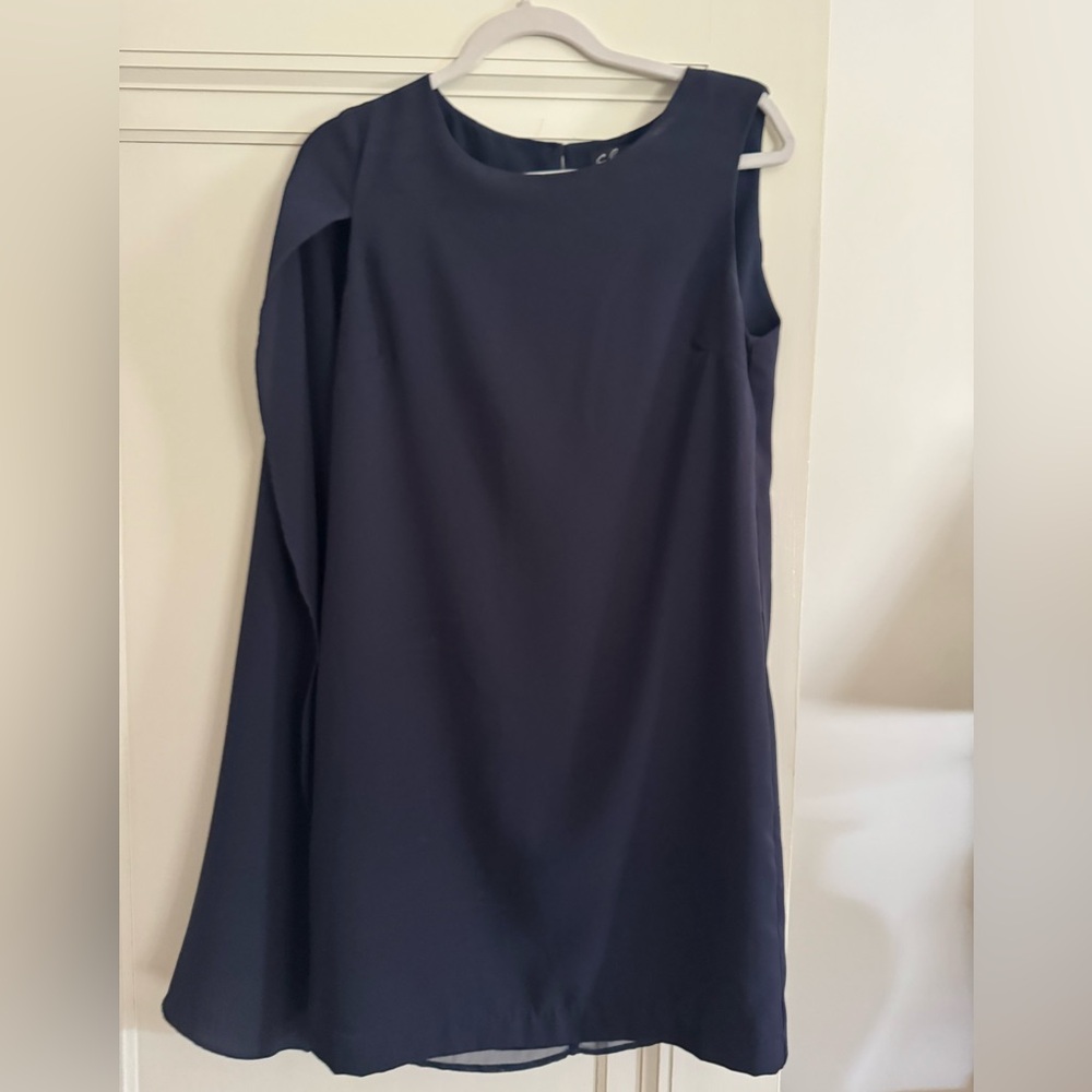 C. Luce navy shift dress with one shoulder cape